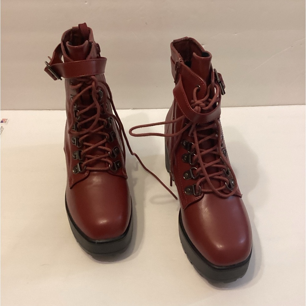 Allegra K Women’s Red Burgu Chunky Heel Platform Ankle Combat Boots Size 7.5 New